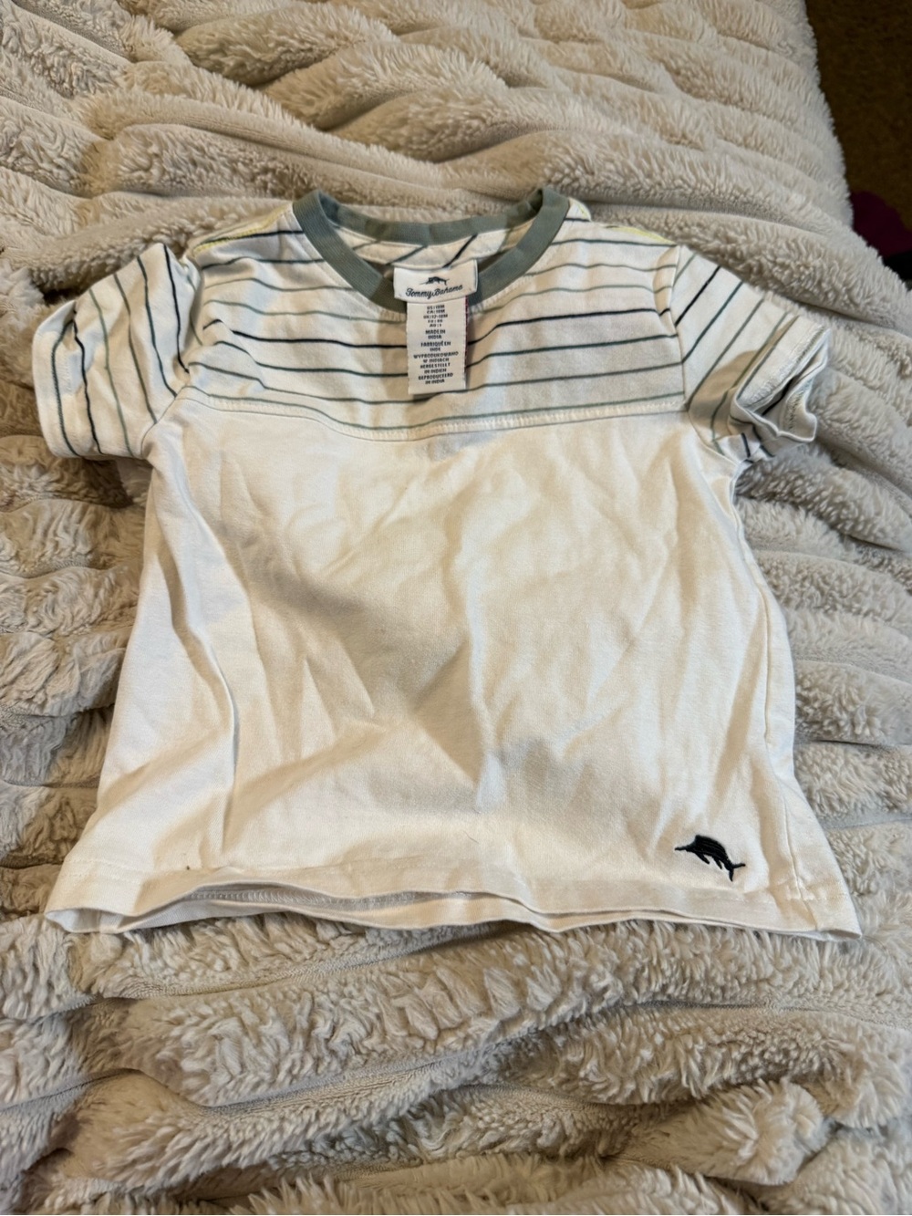 Tommy Bahama White Tee with Light Blue Stripes and Dolphin Logo